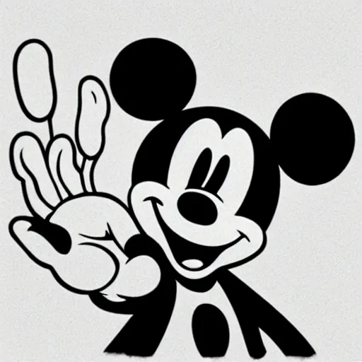 Image similar to photo of mickey mouse with blood all over him, black and white photo