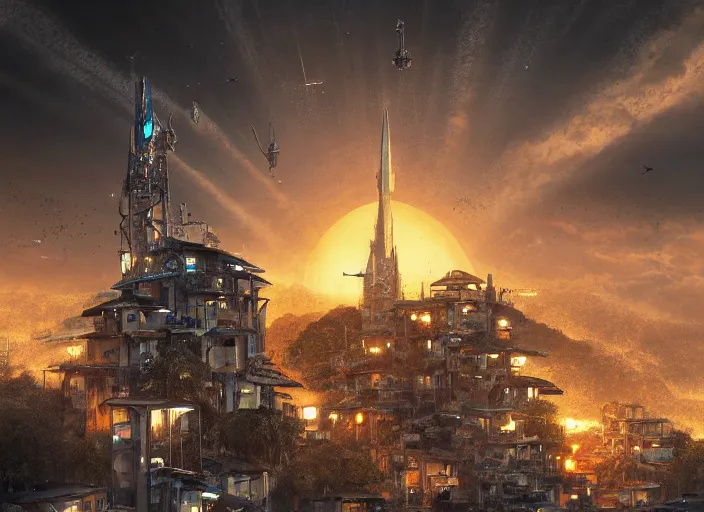 Image similar to favela spaceship cathedral, apocalypse environment, sorcery, scenery, professional, award - winning, trending on artstation, hyper detailed, realistic, beautiful, emotional, shiny, somber, picture