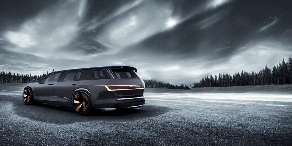 Image similar to a design of a futuristic stationwagon, designed by Polestar and DMC, northern lights background, brushed rose gold car paint, black windows, dark show room, dramatic lighting, hyper realistic render, depth of field