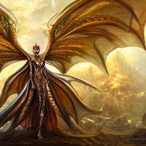 Image similar to a beautiful symmetrical muscular full body wearing a dragon armor with wings made of golden ornaments and gems, by alex gray and android jones , Karol Bak, Ayami Kojima, Amano , concept art, character design, fantasy,3D, 8k resolution