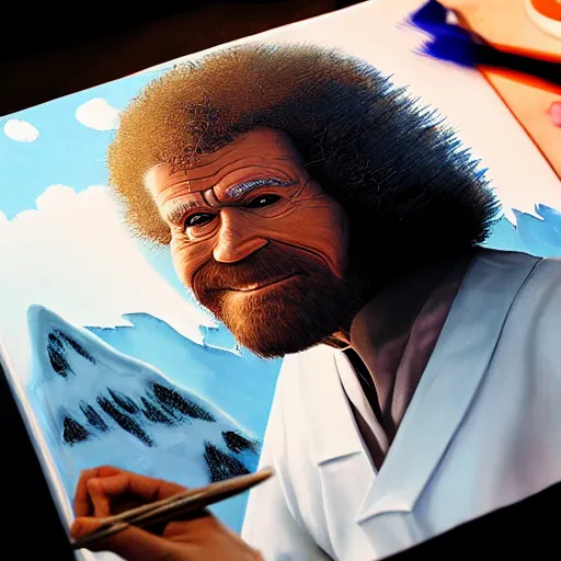 Image similar to a closeup photorealistic photograph of bob ross working on a canvas painting of darth vader. film still. brightly lit scene. mountains and trees. this 4 k hd image is trending on artstation, featured on behance, well - rendered, extra crisp, features intricate detail, epic composition and the style of unreal engine.