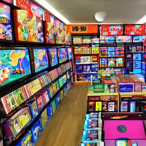 Prompt: interior of a japanese video game store, vibrant colors,