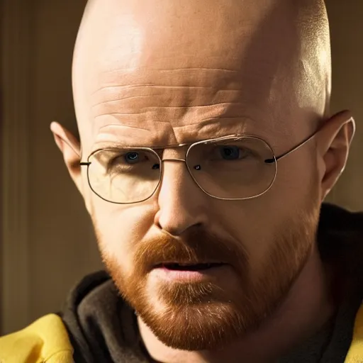 Image similar to Live Action Still of Aaron Paul dressed as and playing Walter White in Breaking Bad, real life, hyperrealistic, ultra realistic, realistic, highly detailed, epic, HD quality, 8k resolution, body and headshot, film still