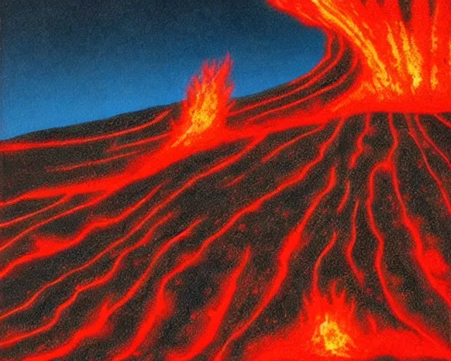 Image similar to roger dean 1 9 8 0 s fire lava volcano imagery, illustration art, album art