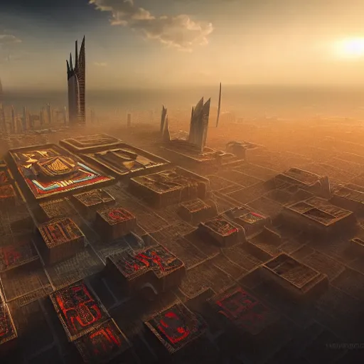 Prompt: high tech futuristic aztec mayan city with skyscrapers, volumetric light, cinematic, otherland, extremely detailed, cgi, trending on artstation, hyper realistic render, hd wallpaper, sharp, michael whelan