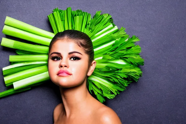 Image similar to selena gomez made out of celery, a human face with celery for hair, celery in the shape of a human face, a bunch of celery sitting on a cutting board, professional food photography