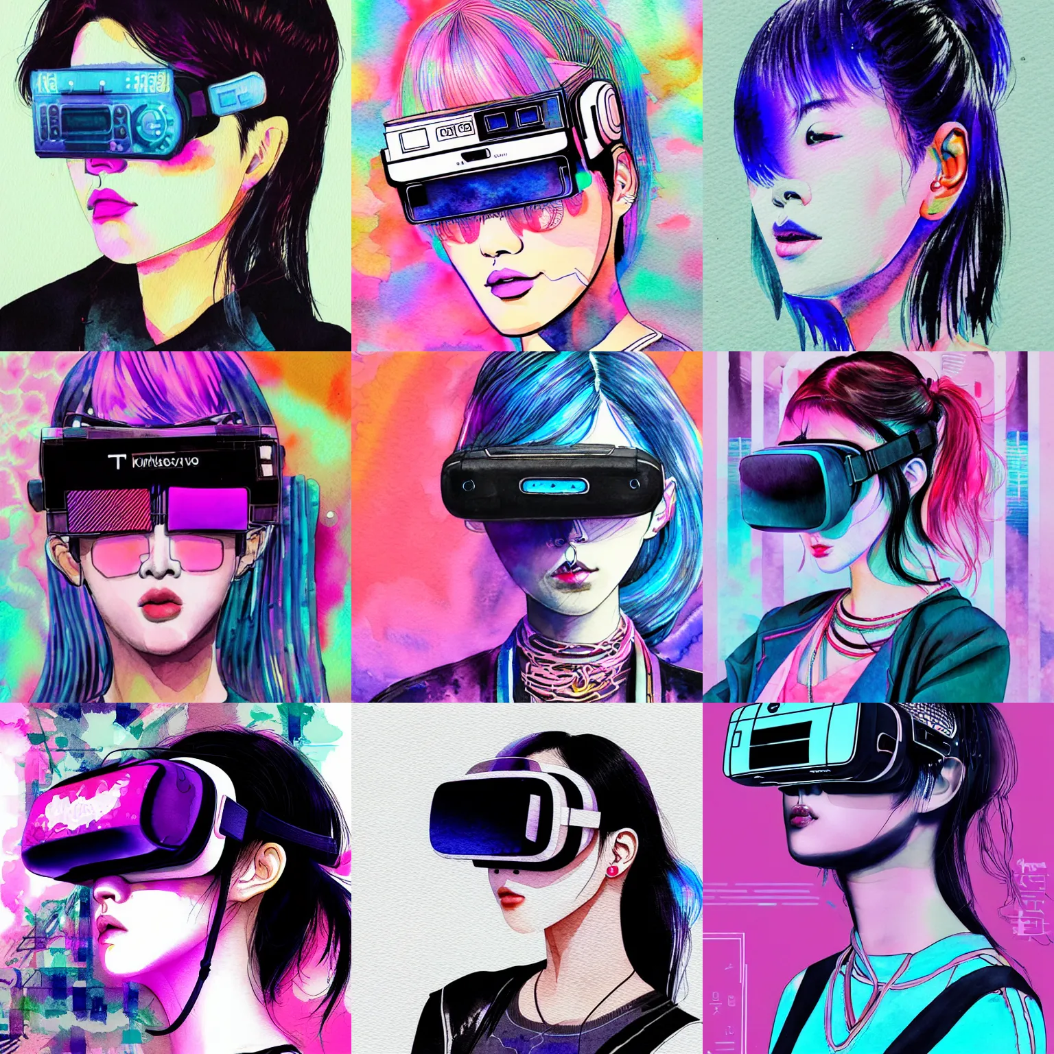 Prompt: korean women's fashion virtual reality headset, intricate watercolor cyberpunk vaporwave portrait by tim doyle