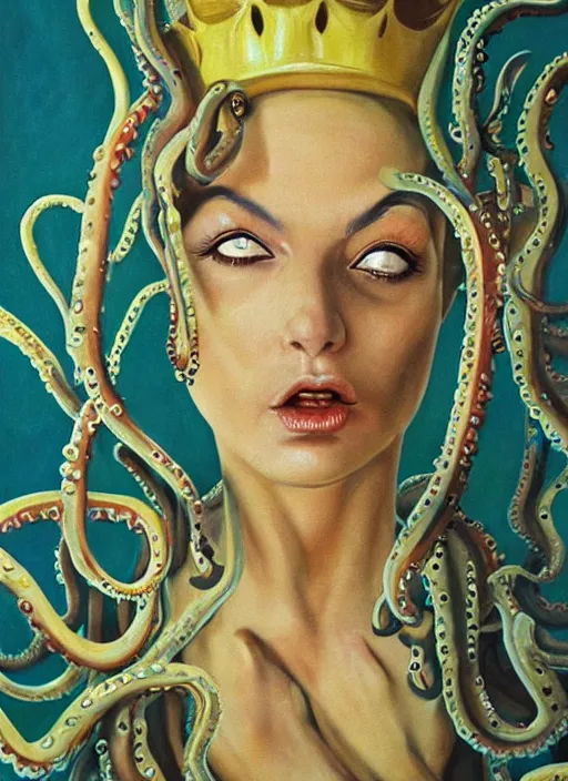 Prompt: 1978 film still from an Italian horror film of a wealthy young woman in her school uniform as the Queen of slimy tentacles clothed completely in silk looking at you intensely with seductively serious eyes while being consumed slowlyby the sadist Squid Devil. ultra detailed painting at 16K resolution and epic visuals. epically surreally beautiful image. amazing effect, image looks crazily crisp as far as it's visual fidelity goes, absolutely outstanding. vivid clarity. ultra. iridescent. mind-breaking. mega-beautiful pencil shadowing. beautiful face. Ultra High Definition. process twice.