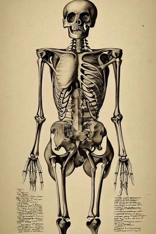 Image similar to victorian anatomical illustration of a human skeleton, photorealistic, diagram, intricate details