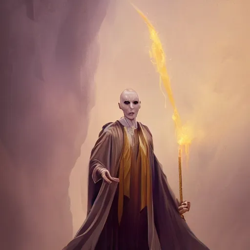 Prompt: Portrait of voldemort, D&D fantasy, wearing white and golden robes which look distinguished, he has a sophisticated expression and is holding a book. Intricate, highly detailed, digital painting, artstation, concept art, sharp focus, illustration, art by greg rutkowski and Ross Tran