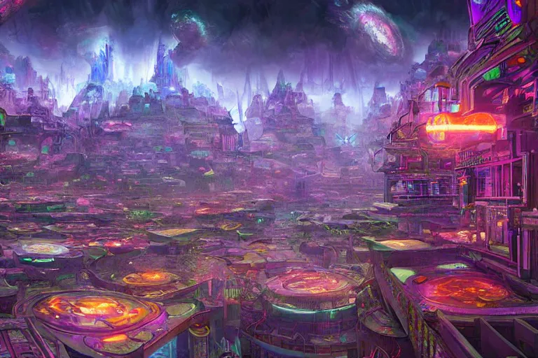 Image similar to a psychedelic city at the edge of existence where intensely creative astral beings live, in the style of wlop, illustration, epic, fantasy, hyper detailed, smooth, unreal engine, sharp focus, ray tracing