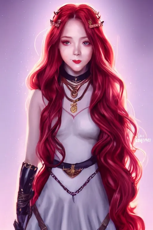 Image similar to a full body portrait of a gorgeous female ranger, looking at camera, D&D, choker on neck, stylish dress, very long flowing red hair, intricate, elegant, stylish, cute slightly nerdy smile, mouth slightly open, fantasy, extremely detailed, digital painting, artstation, concept art, smooth, sharp focus, illustration, stunning lighting, art by artgerm and greg rutkowski and alphonse mucha and simon stalenhag