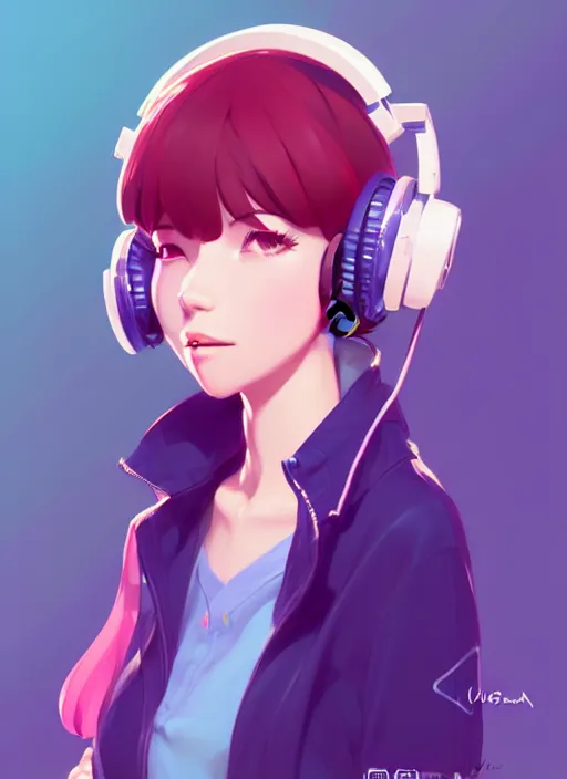 Image similar to female character inspired by 9 0's fashion and by madeline from celeste, art by rossdraws, wlop, ilya kuvshinov, artgem lau, sakimichan and makoto shinkai, concept art, headphones