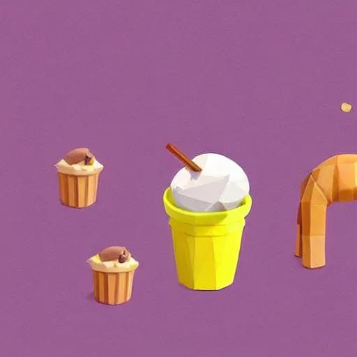 Prompt: a low - poly isometric cute monkey playing with ice - cream, cute art, isometric art