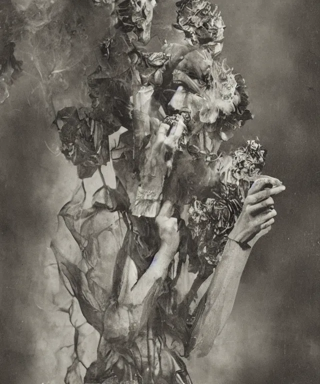 Prompt: photographic portrait of sad max ernst woman robotic dried melting floral fungus with spiraling cigarette smoke, wearing a dress, holding an umbrella and a swan, in fog, editorial