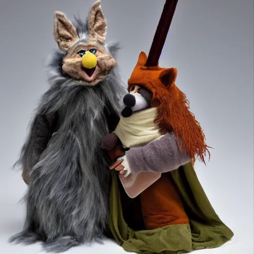 Image similar to a foxfolk wizard druid as a furry muppet plush wearing a fancy elven cloak and holding a sentient scimitar