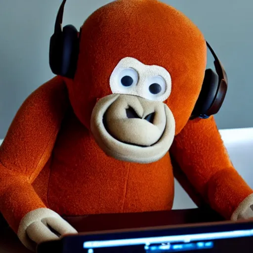 Image similar to a plush orangutang with headphones using a computer