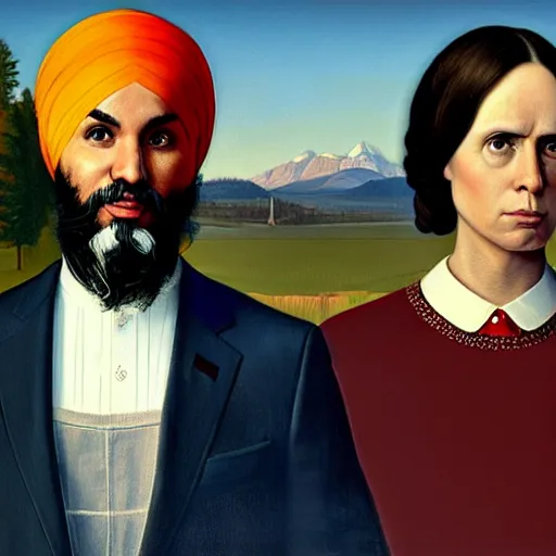 Prompt: Justin Trudeau beside Jagmeet Singh, pictured in the american gothic painting, concept art, sharp focus, highly detailed digital painting by Grant Wood, artstation