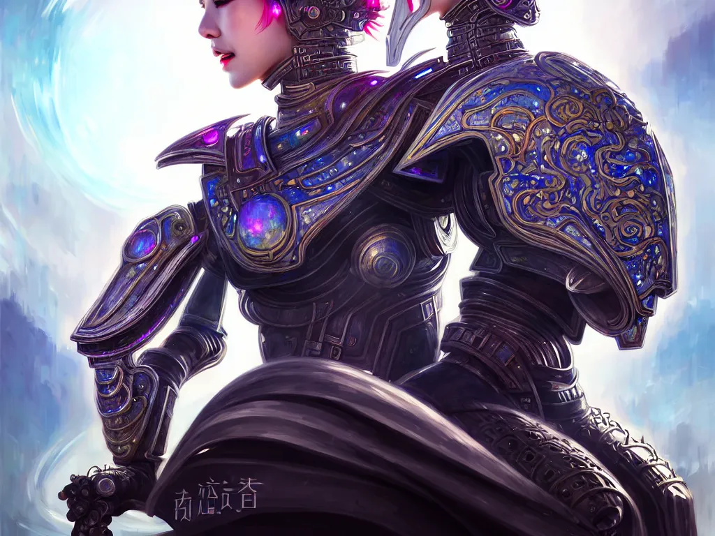 Image similar to portrait futuristic knights of zodiac armor girl, abstract chinese dragon character concept, at future neon tokyo light rooftop, ssci - fi and fantasy, intricate and very very beautiful and elegant, highly detailed, digital painting, artstation, concept art, smooth and sharp focus, illustration, art by tan zi and ayanamikodon and alphonse mucha and wlop