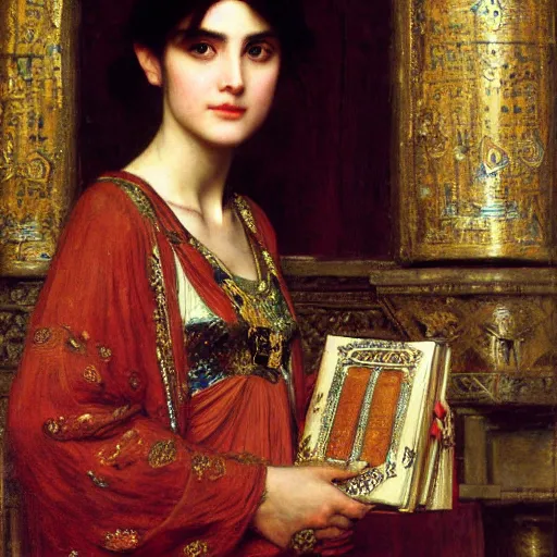 Image similar to orientalist portrait of a princess holding an iridescent ancient book intricate portrait by john william waterhouse and Edwin Longsden Long and Theodore Ralli and Henryk Siemiradzki, very coherent symmetrical artwork. Cinematic, hyper realism, high detail 8k