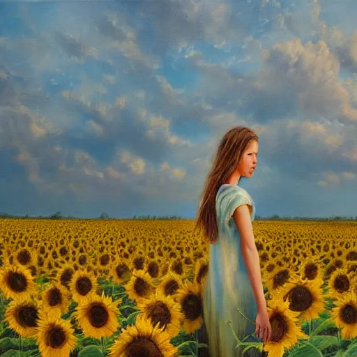 Image similar to a girl in amazing tall sunflower field, her hair flowing down, subtle, intricate details, real masterpiece, oil on canvas, by somsak anong