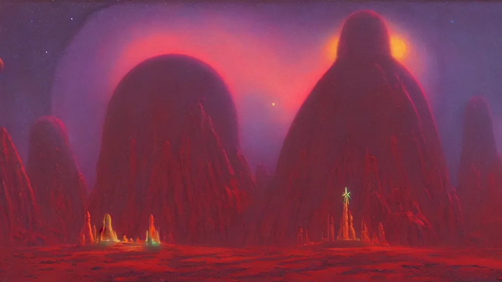 Image similar to mysterious shrine of an alien civilization by paul lehr and john schoenherr, cinematic matte painting