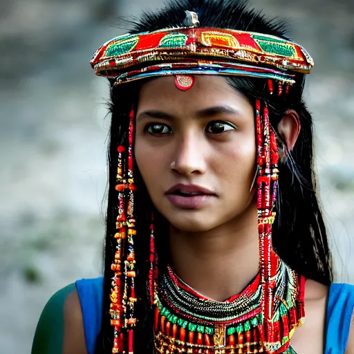 Prompt: portrait of a stunningly beautiful alluring and attractive nepalese tribal female maiden, depth of field, zeiss lens, detailed, symmetrical, centered, fashion photoshoot, by annie leibovitz and steve mccurry, david lazar, jimmy nelsson, breathtaking, 8 k resolution, extremely detailed, beautiful, establishing shot, artistic, hyperrealistic, beautiful face, octane render