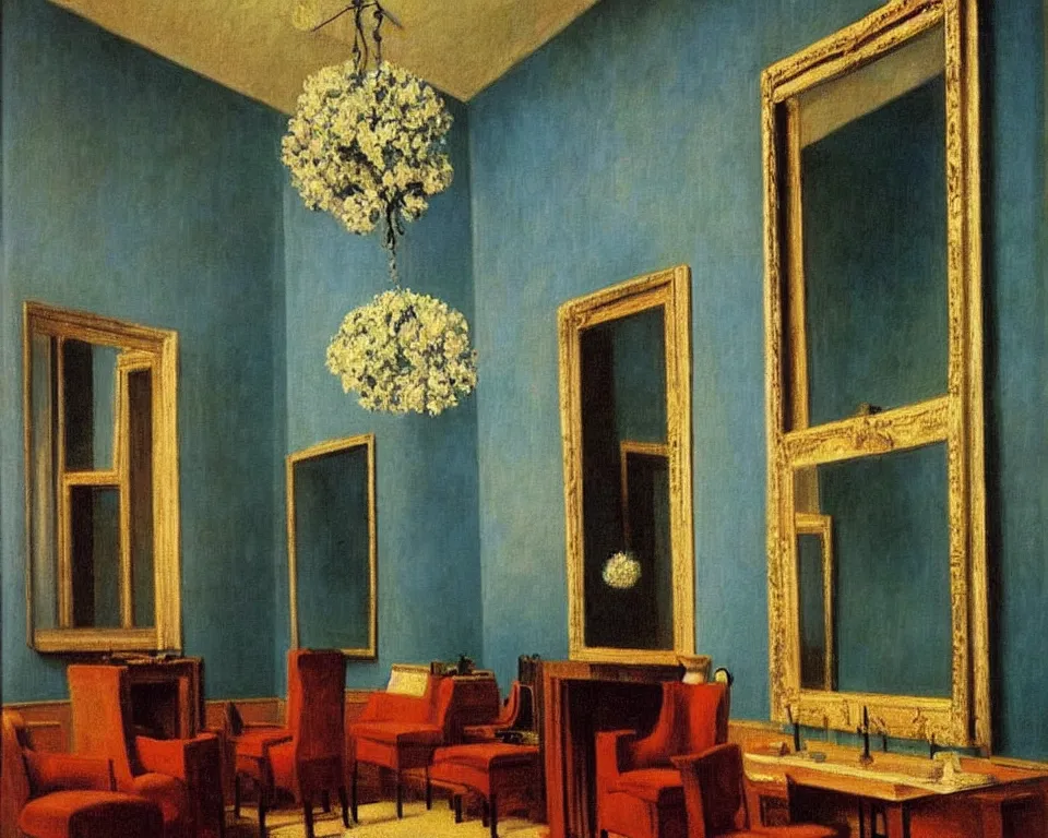 Prompt: achingly beautiful painting of a sophisticated, well - decorated, modern salon by rene magritte, monet, and turner.