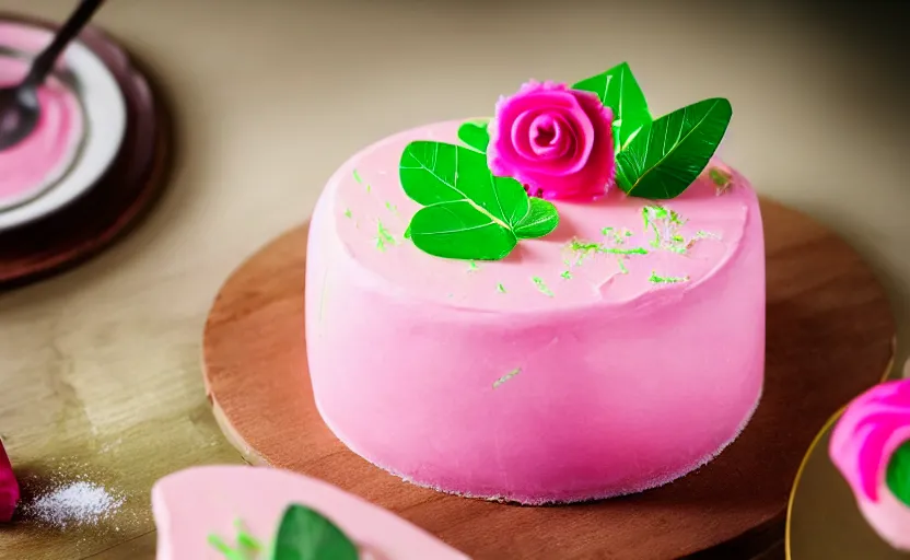 Prompt: A photo of a swedish princess cake from the side on a wooden table, covered with pink marzipan, some powder sugar and a green marzipan leaf in the center. 4K. Cinematic lighting. High detail. Realistic. Delicious.