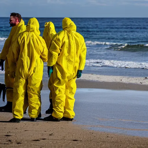 Image similar to Professional Photography, long shot, People in yellow chemical hazmat suits are investigating a huge creepy black creature washed up on the beach.