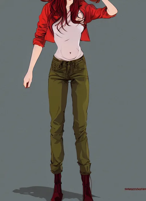 Prompt: full-body shot of an attractive tomboy girl with long, crimson red hair and red eyes, wearing a brown, open jacket and green jeans with a stern look, midriff, concept art, character design, by WLOP, by Ross Draws, by Tomine, by Satoshi Kon, by Rolf Armstrong, Beksinski