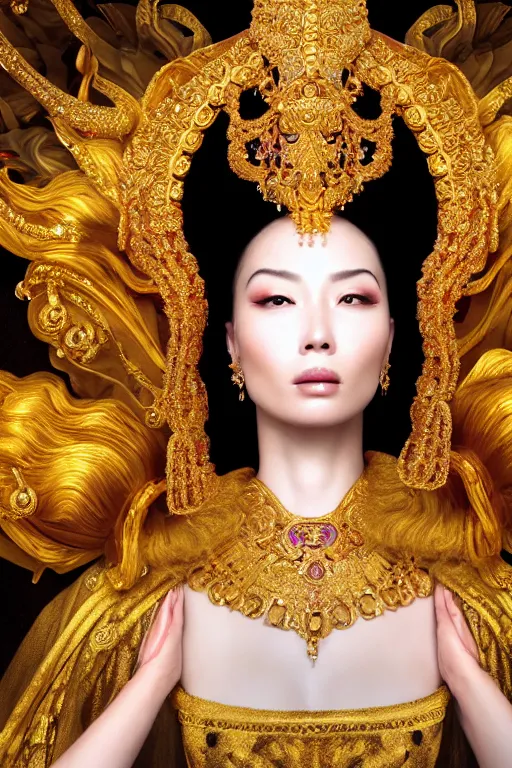 Image similar to a beautiful empress portrait, with a brilliant, impossible striking shiny big gold headpiece, gold clothes, rococo, baroque, jewels, asian, realistic, closeup, D&D, fantasy, intricate, elegant, highly detailed, digital painting, artstation, octane render, studio lighting, 8k, concept art, matte, sharp focus, illustration, art by Artgerm and Greg Rutkowski and Alphonse Mucha