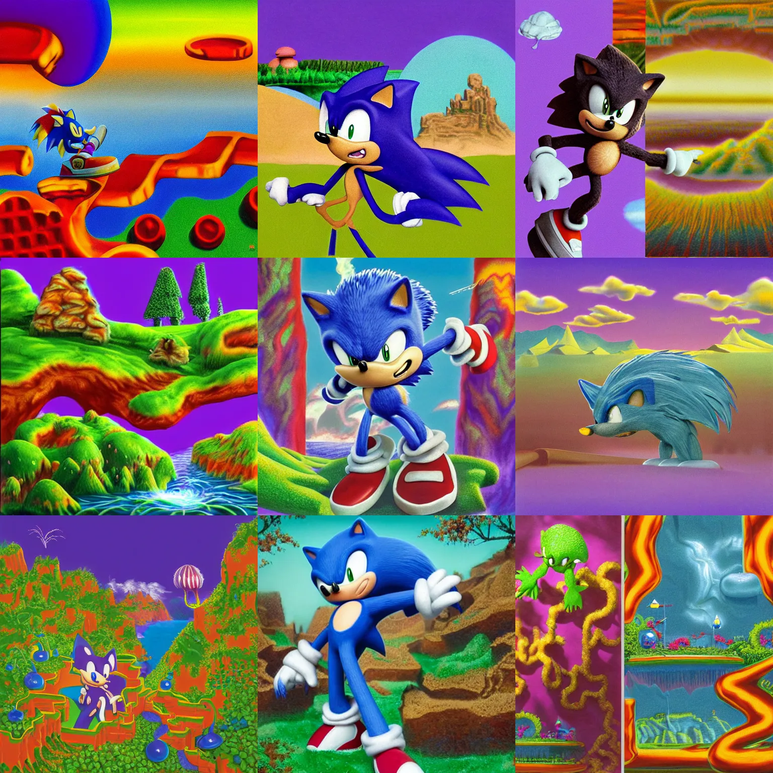Prompt: claymation portrait of sonic hedgehog and a matte painting landscape of a surreal, sharp, foggy, detailed professional, soft pastels, high quality airbrush art album cover of a liquid dissolving airbrush art lsd dmt sonic the hedgehog swimming through cyberspace, purple checkerboard background, 1 9 9 0 s 1 9 9 2 sega genesis rareware video game album cover