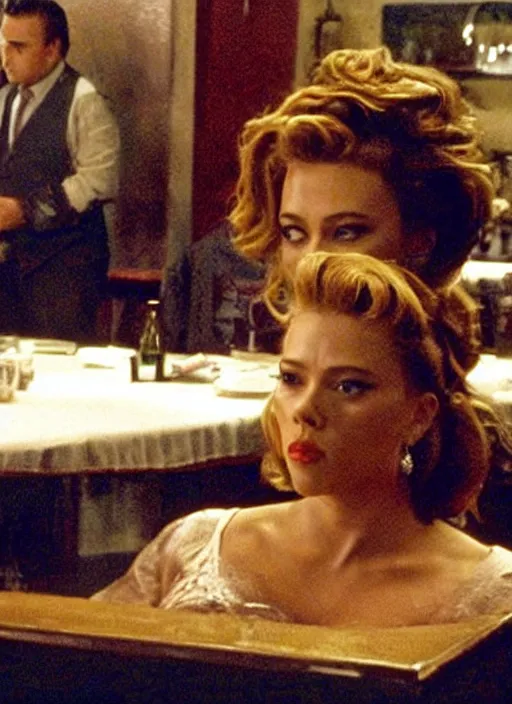 Image similar to movie still of a scarlett johannson with a very big bust sitting at a table in goodfellas, directed by martin scorsese