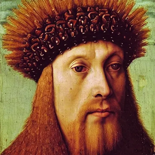 Image similar to portrait of a king with a lions head for a head, oil painting by jan van eyck, northern renaissance art, oil on canvas, wet - on - wet technique, realistic, expressive emotions, intricate textures, illusionistic detail