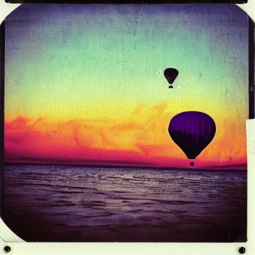 Prompt: a futuristic hot air balloon floats over a beach at violet and yellow sunset, whimsical and psychedelic art style, polaroid photo, grainy, colorful, expired film