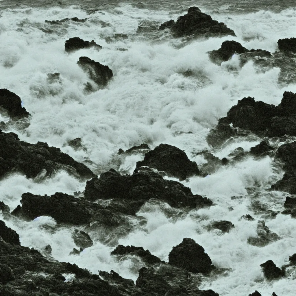 Image similar to dark and moody 1 9 7 0's artistic technicolor spaghetti western film, a large huge group of women in a giant billowing wide long flowing waving white dresses, standing inside a green mossy irish rocky scenic landscape, crashing waves and sea foam, volumetric lighting, backlit, moody, atmospheric, fog, extremely windy, soft focus