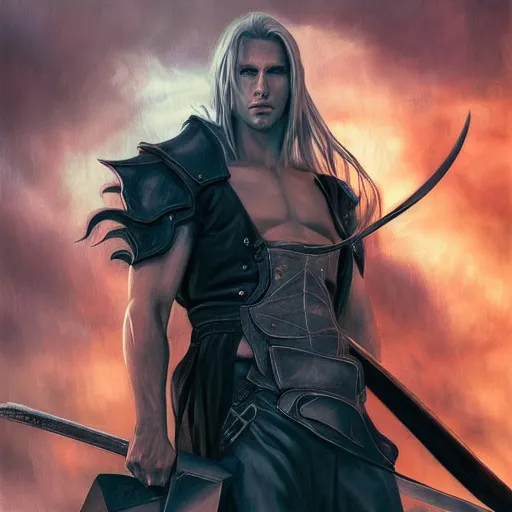 Image similar to menacing sephiroth portrait, atmospheric lighting, painted, intricate, volumetric lighting, beautiful, rich deep colors masterpiece, golden hour, sharp focus, ultra detailed, by leesha hannigan, ross tran, thierry doizon, kai carpenter, ignacio fernandez rios