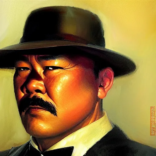 Image similar to portrait of oddjob harold sakata from james bond, detailed face, detailed painting, epic lighting, by ilya repin, phil hale and kent williams