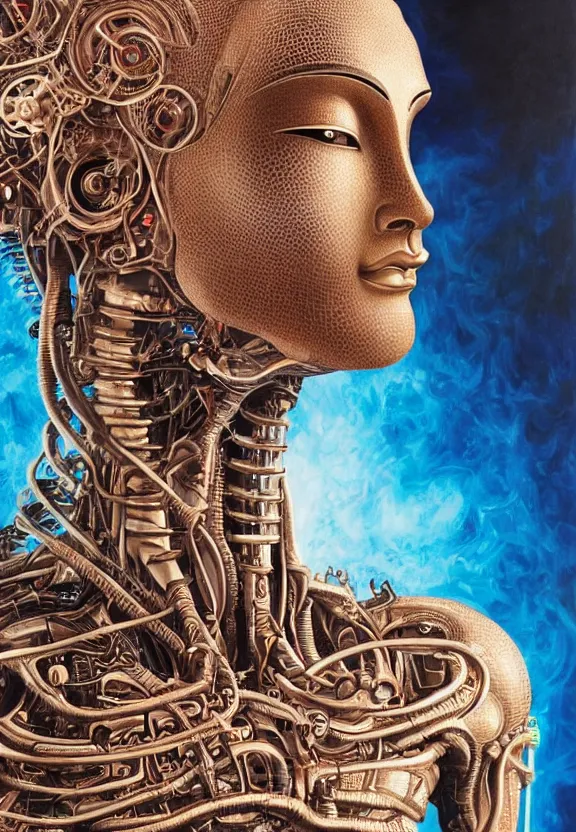 Image similar to perfectly centered portrait, front view of a beautiful biomechanical cyberpunk alien android robot buddha, female, flowing hair, intense stare, sarcastic smile, symmetrical, concept art, intricate detail, volumetric shadows and lighting, realistic oil painting by alex grey and h. r giger,