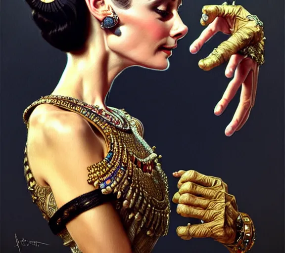 Image similar to photography audrey hepburn with hands - up and hairy armpits, dressed like cleopatra, deep focus, intricate, elegant, highly detailed, digital painting, artstation, concept art, matte, sharp focus, illustration, art by artgerm and greg rutkowski and alphonse mucha and gil elvgren