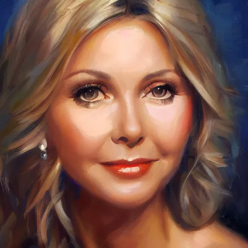 Prompt: closeup portrait of olivia newton john in the music video hopelessly devoted to you, evening, highly detailed oil painting, vladimir volegov, artstation
