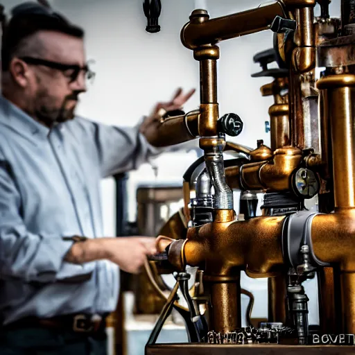 Image similar to A random pointless contraption ((steampunk)) industrial appliance pneumatic machine with no apparent purpose, being operated by a scholarly looking man with a clear directed gaze, XF IQ4, f/1.4, ISO 200, 1/160s, 8K, RAW, unedited, symmetrical balance, in-frame