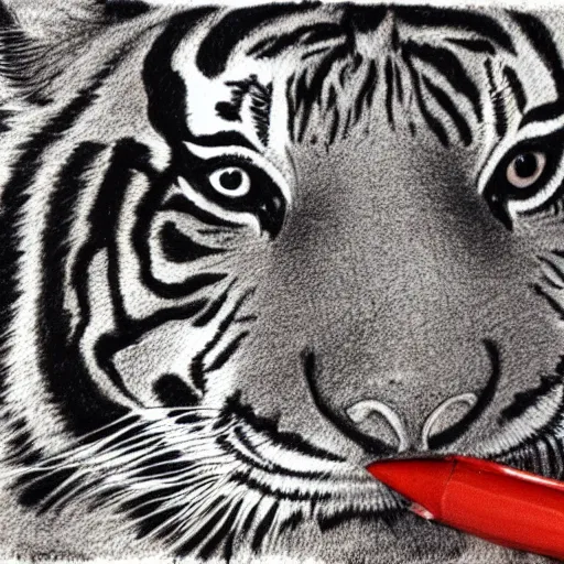 Prompt: drawing of a tiger cubs floating upside down in a pond of black oil, red ballpoint pen, outsider art style