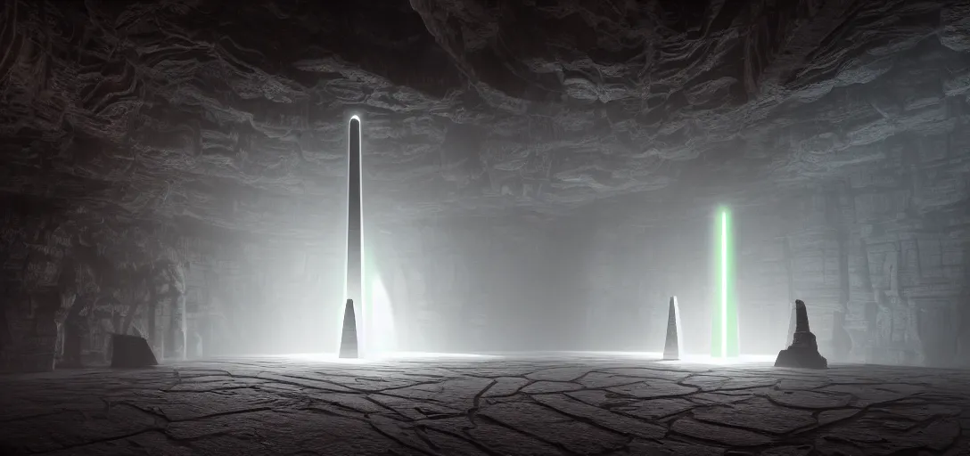 Image similar to dramatic photo of underground ancient stone alien interior, ambient occlusion, glowing straight neon lines on the floor, large glowing obelisk at the end of the room, giant looming statue, raytracing, unreal engine, dramatic lighting, detailed,, global illumination, god rays, 3 d artstation by greg rutowski and jessica rossier