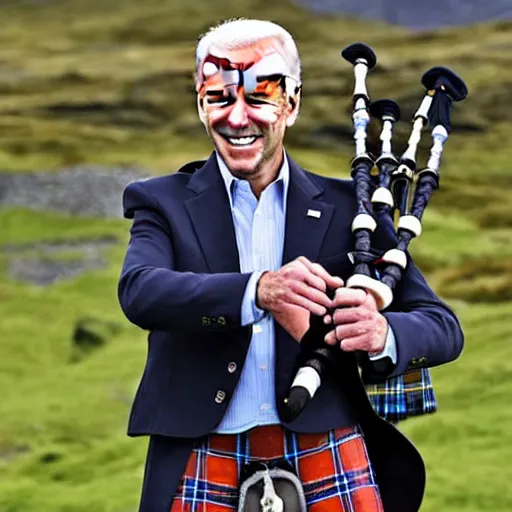 Prompt: joe biden wearing a kilt and playing a bagpipe in the scottish highlands, 8 k, very detailed,