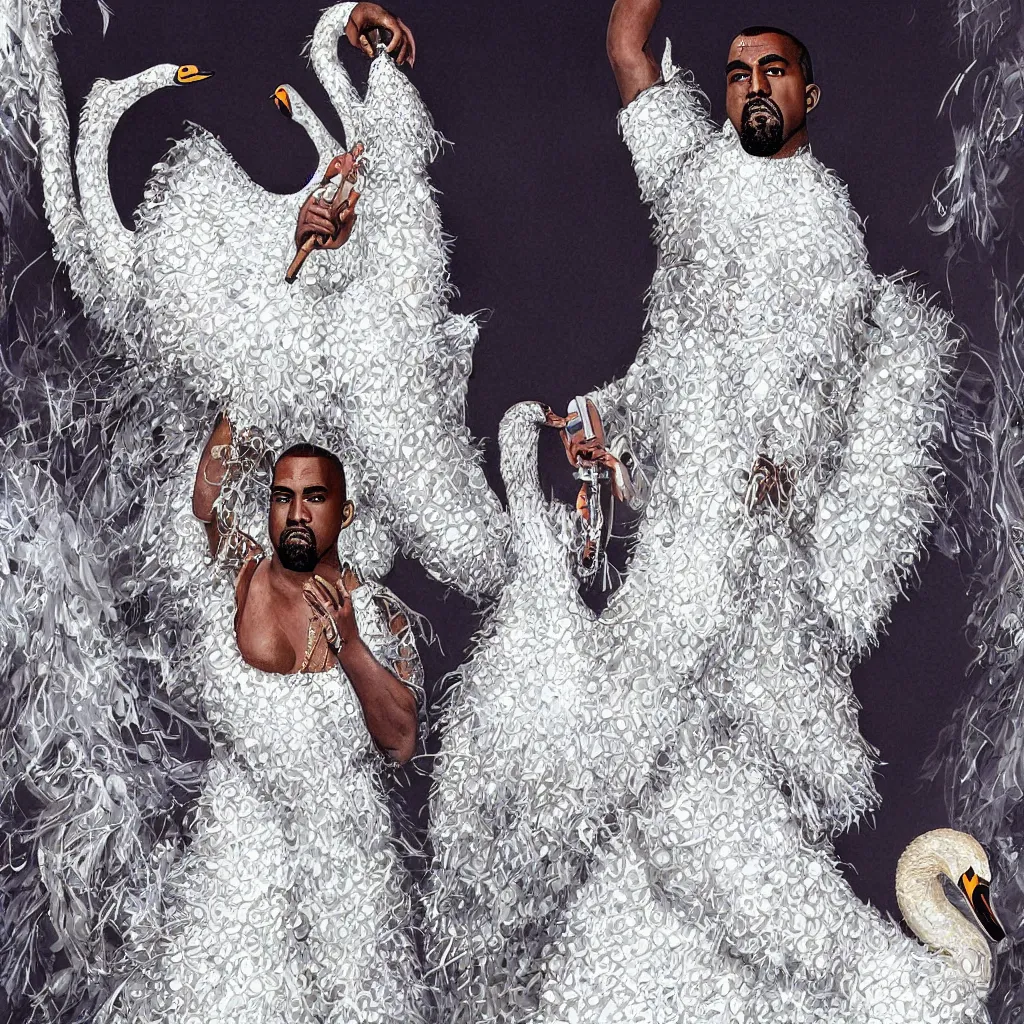 Image similar to kanye west with a decorated dress made of white pearls and white plumes of swan highly detailed digital _ painting