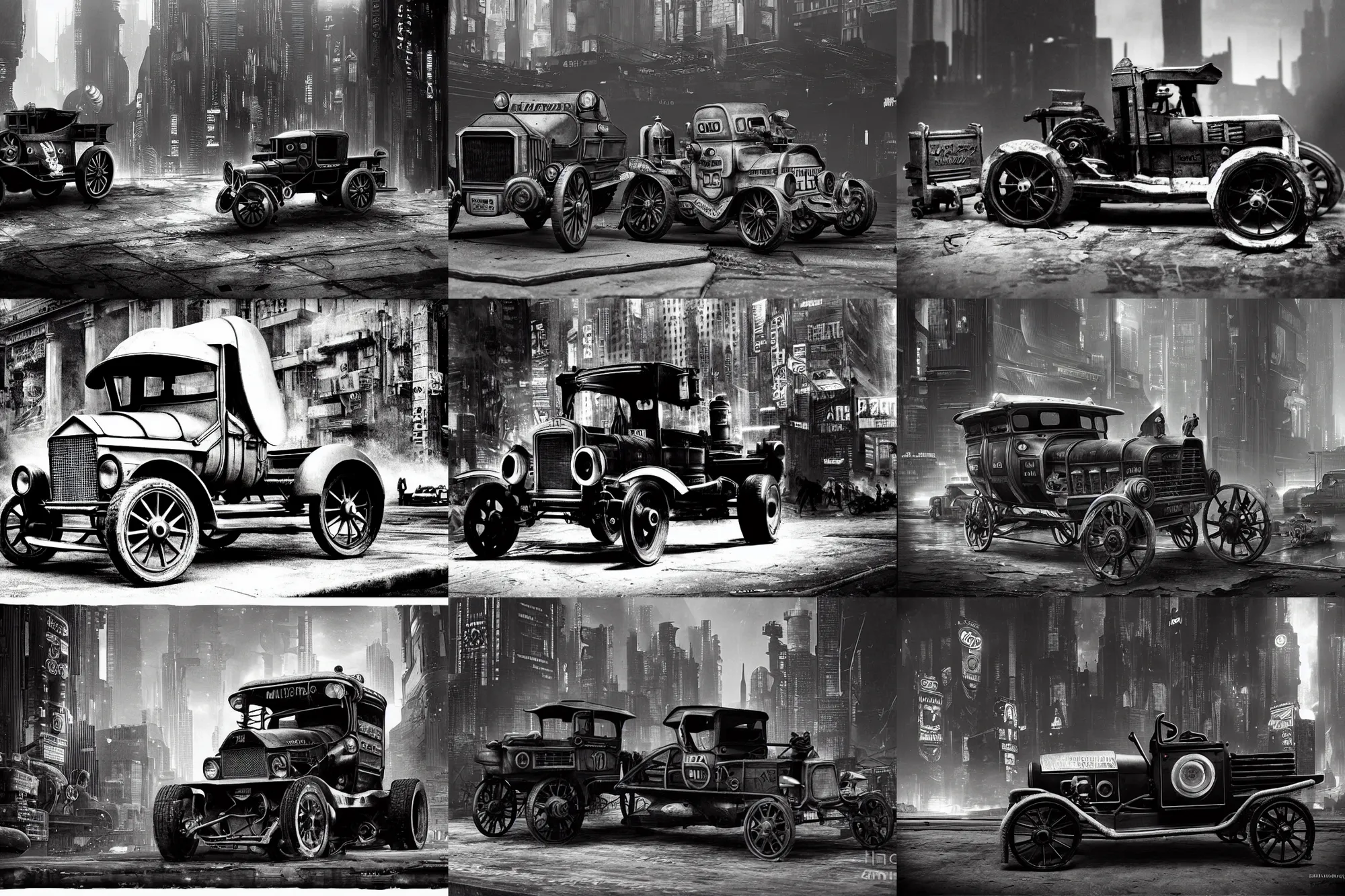 Prompt: cyberpunk 1 9 0 8 model ford t by paul lehr, metropolis, black and white photo