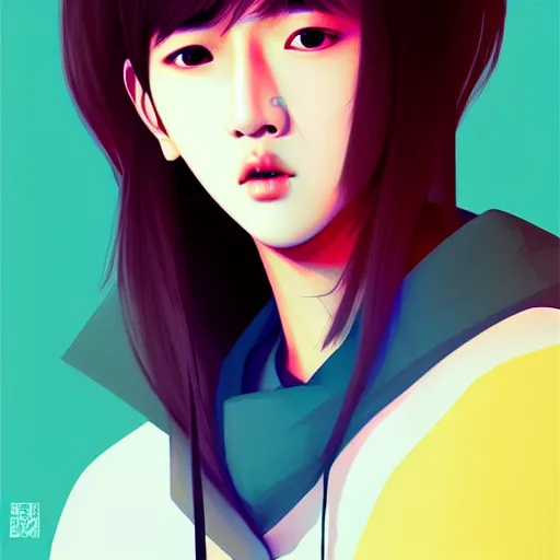 Image similar to K-pop idol Changbin, muted colors, matte print, pastel colors, 2d, ultra highly detailed, smooth, sharp focus, digital art, digital painting, fan art, elegant, artstation, head is centered, by Ilya Kuvshinov