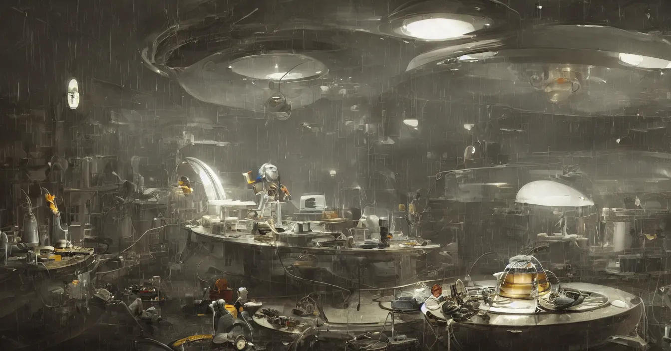 Prompt: engineer repairs broken flying saucer full of modern equipment, in the laboratory full of tools and machines, high detail, realistic characters, volume raytracing fog, wet reflective ground, by james paick, by ilm, by digital domain, by weta digital